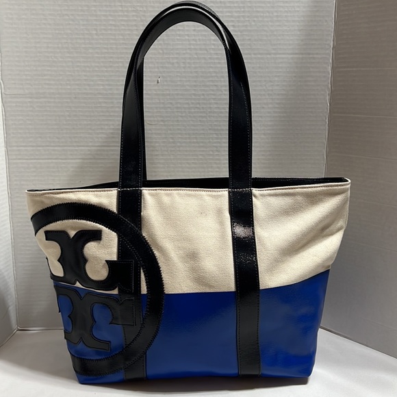 Tory Burch Handbags - Tory Burch Beach Dipped Leather and Canvas Tote Bag - Blue/Natural